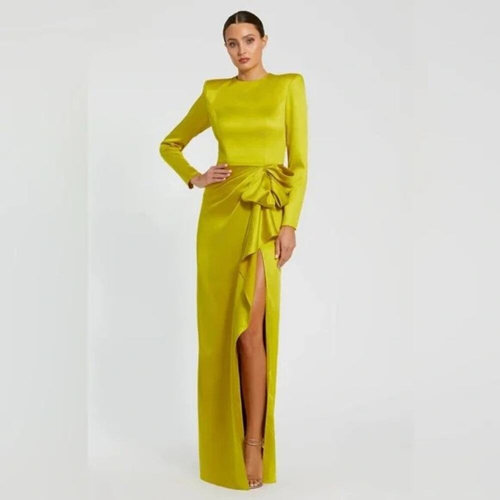 Mac Duggal Yellow Long Sleeve Structured Bow Draped Gown - 6